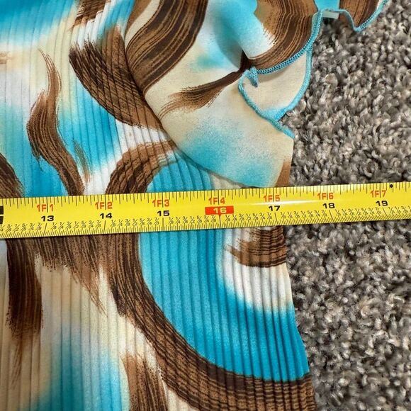 Sere Nade White Teal Brown Crinkle Ruffle Blouse Top Swirl XL Y2K - Picture 4 of 6